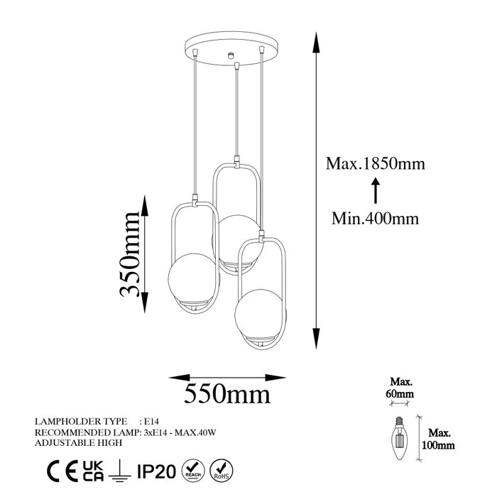 Opviq Lámpara de araña dorada ajustable con 3 casquillos E14